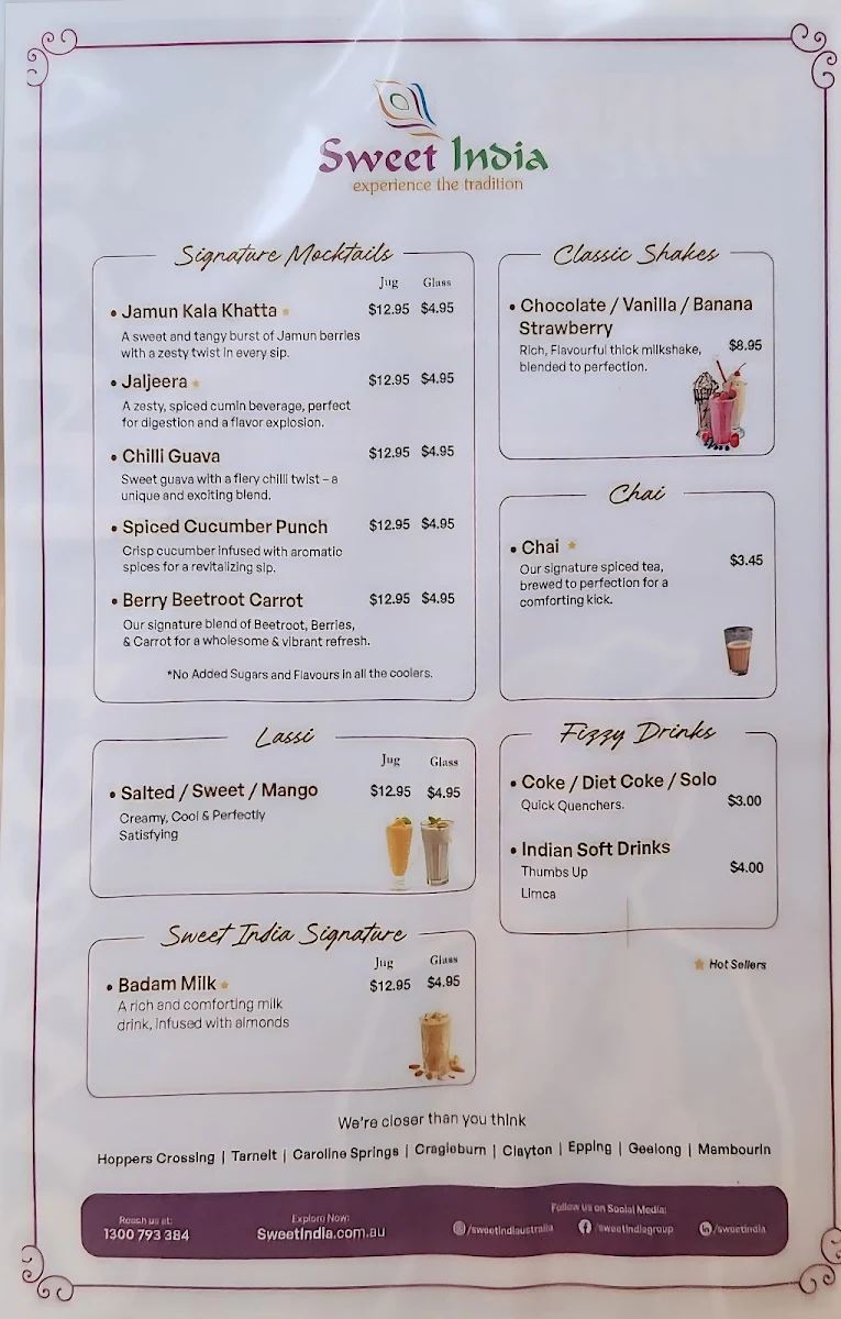 Menu, Sweet India Mambourin