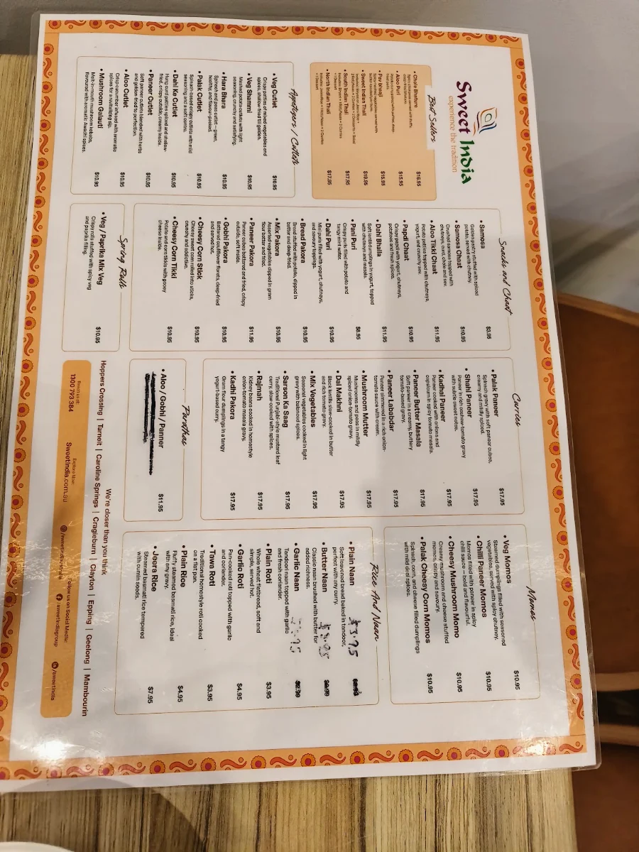 Menu, Sweet India Mambourin