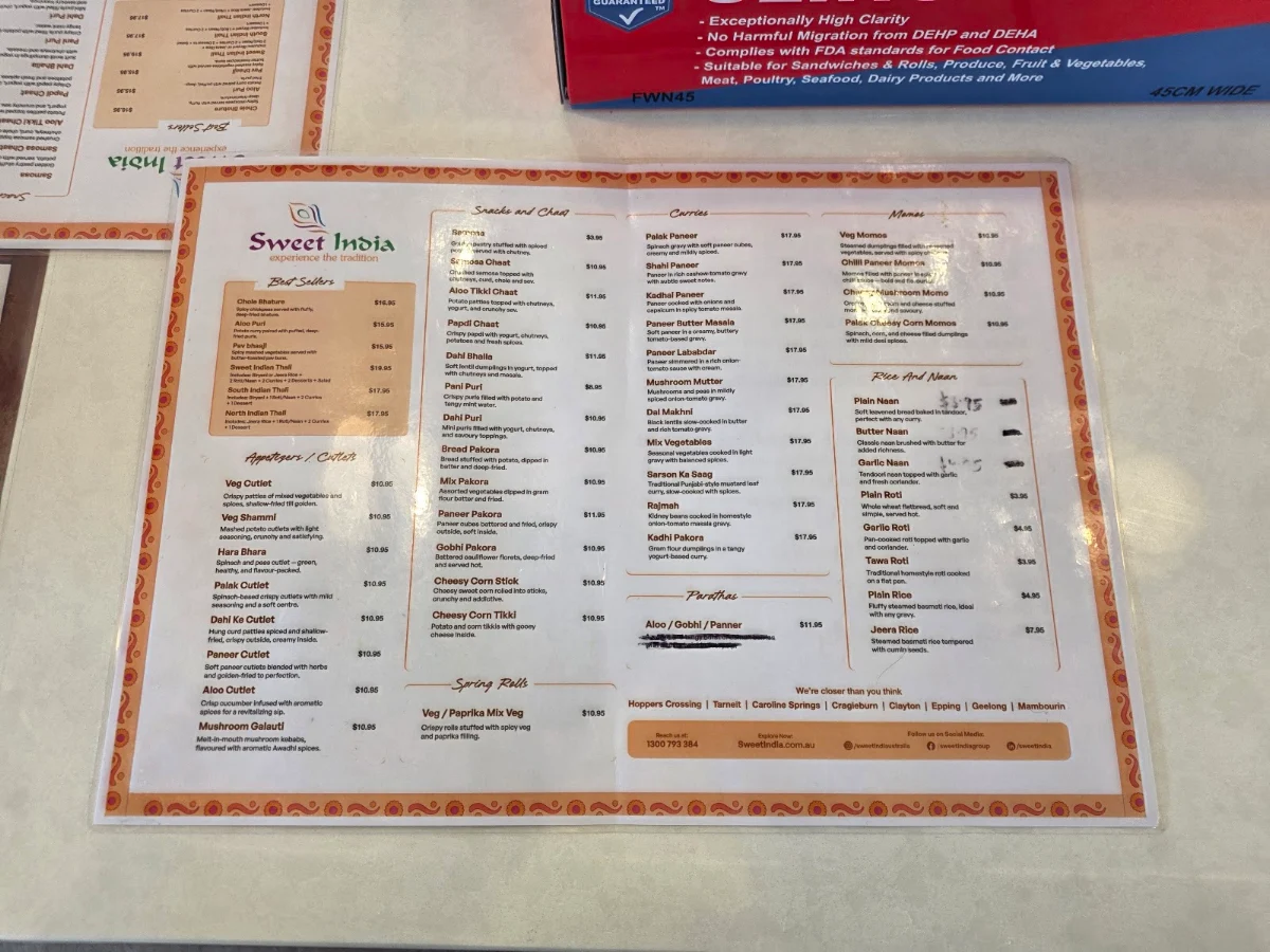 Menu, Sweet India Mambourin