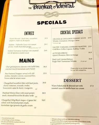 Menu, Drunken Admiral