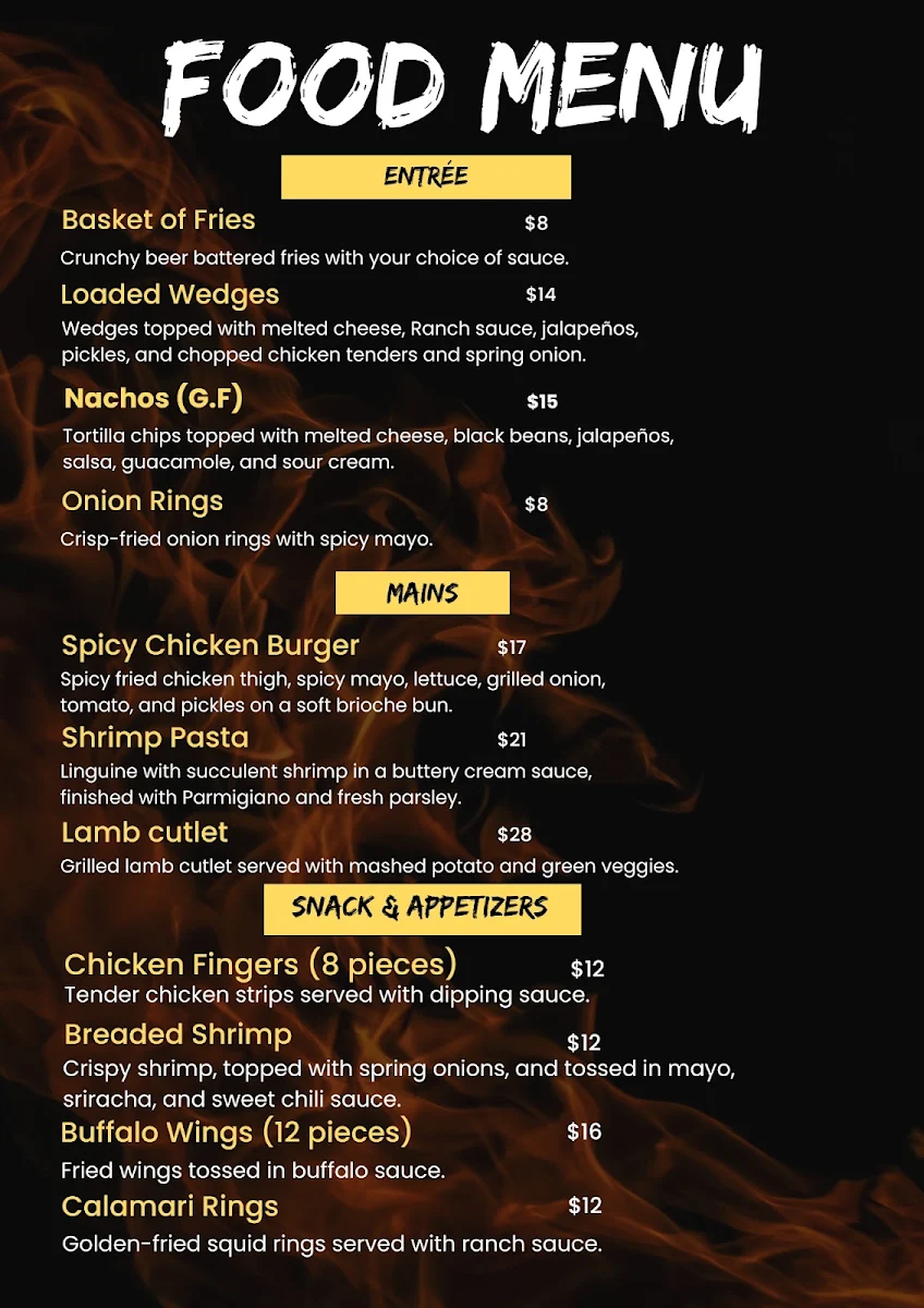Menu, Glenroy Billiards & Bar