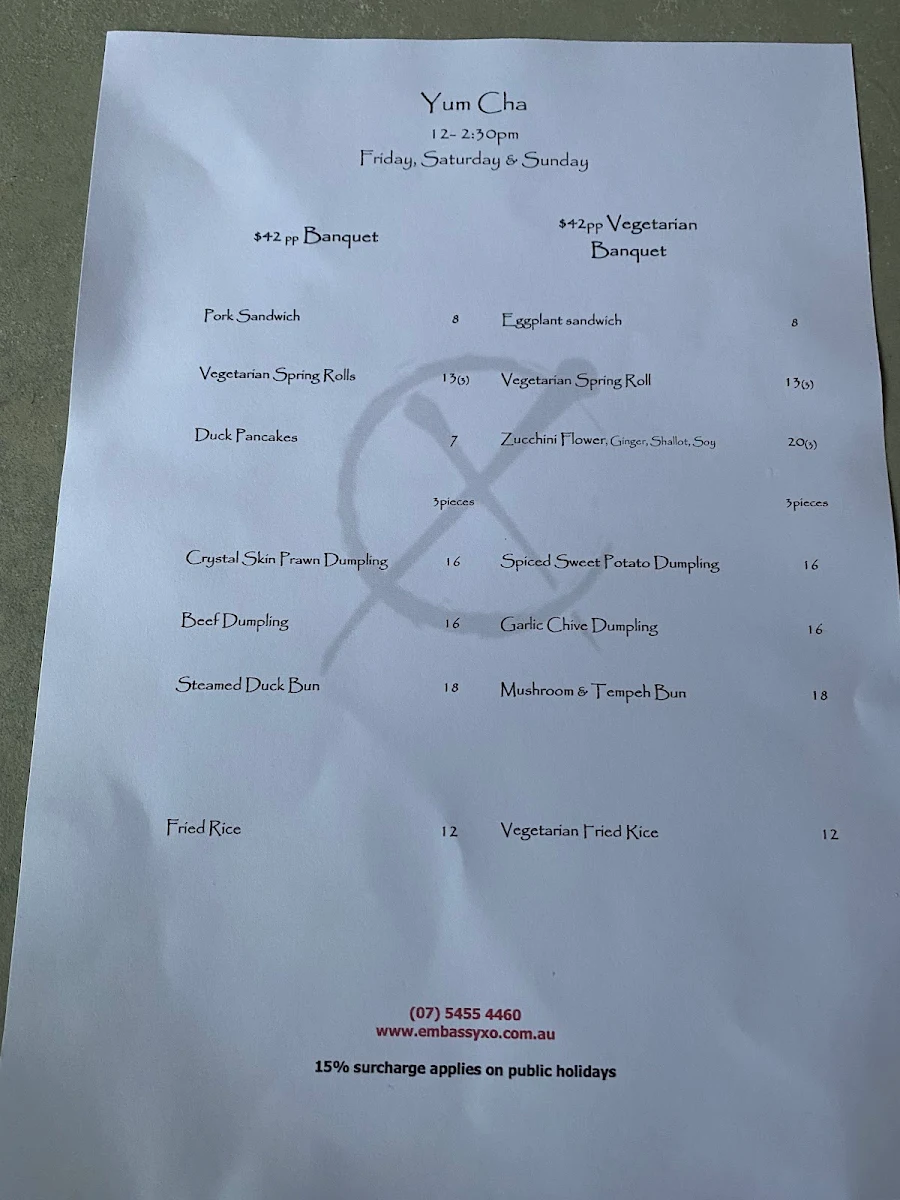 Menu, Embassy XO Restaurant and Bar