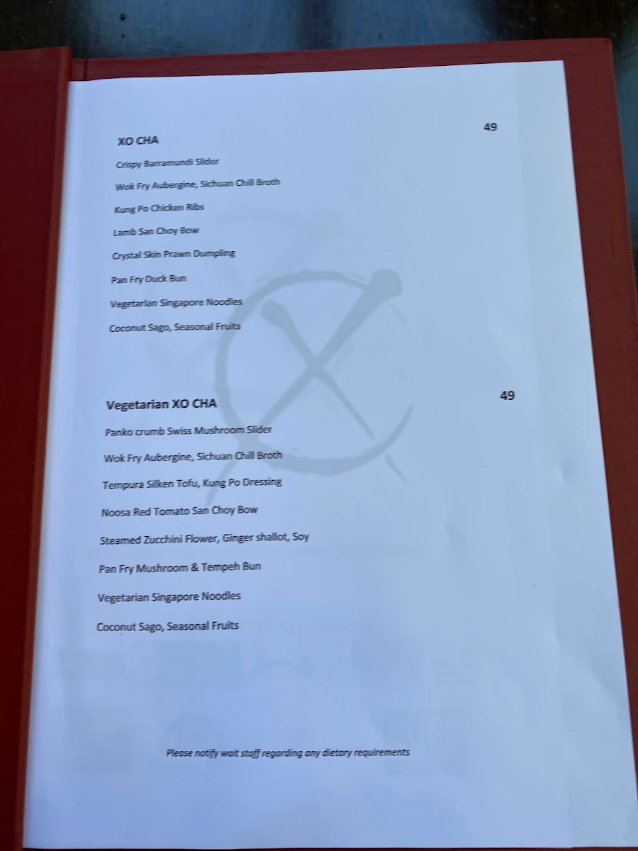 Menu, Embassy XO Restaurant and Bar