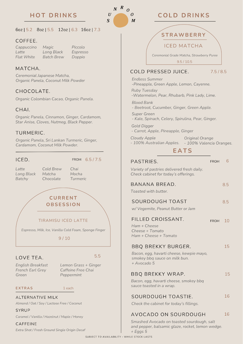 Menu, Sunroom | Cafe + Store