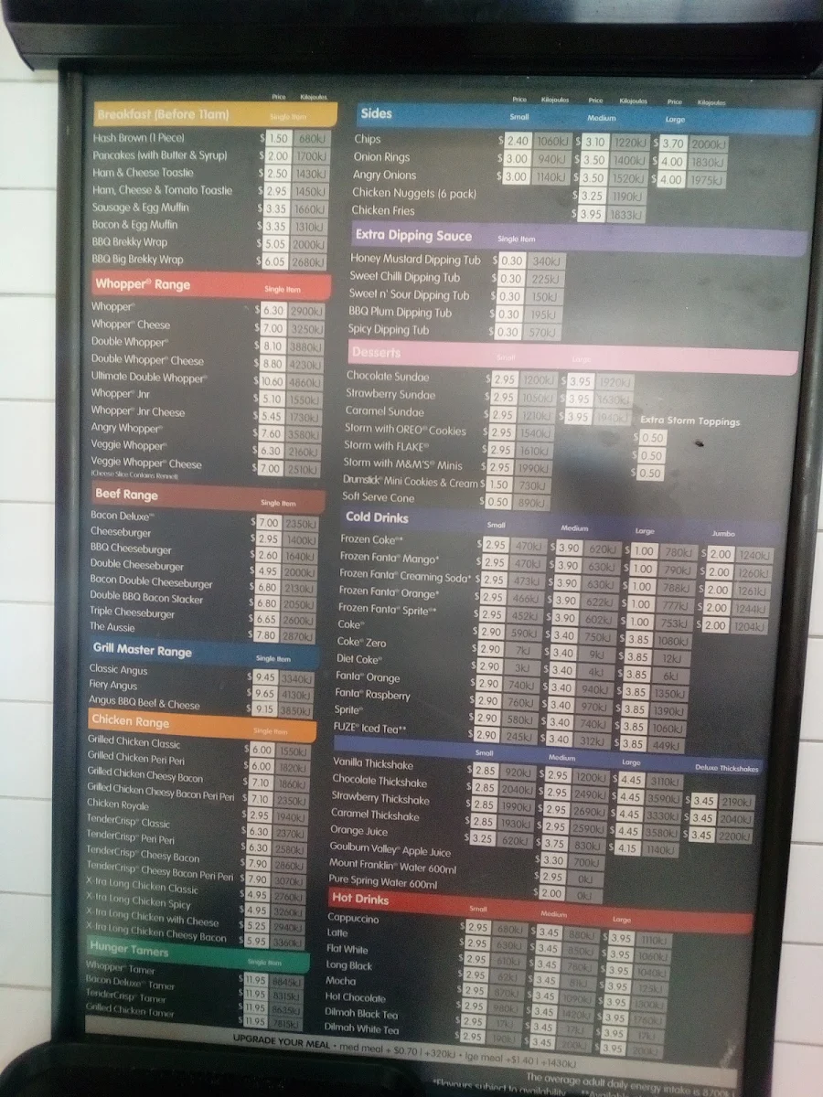 Menu, Hungry Jack's Burgers Belmont (WA)