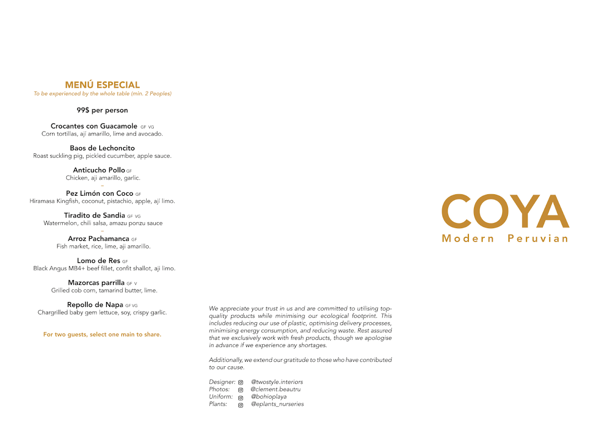 Menu, Coya