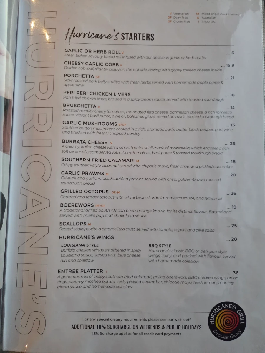 Menu, Hurricane's Grill Circular Quay