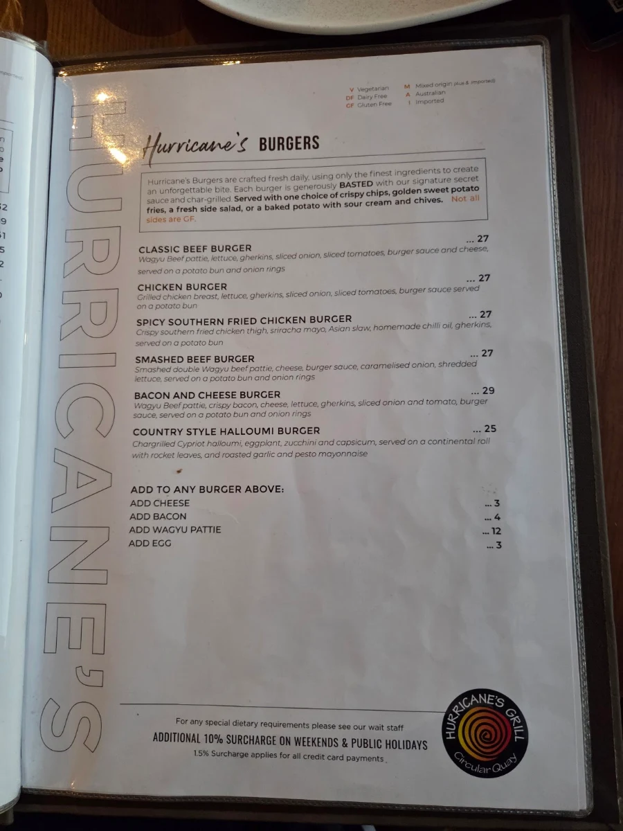 Menu, Hurricane's Grill Circular Quay