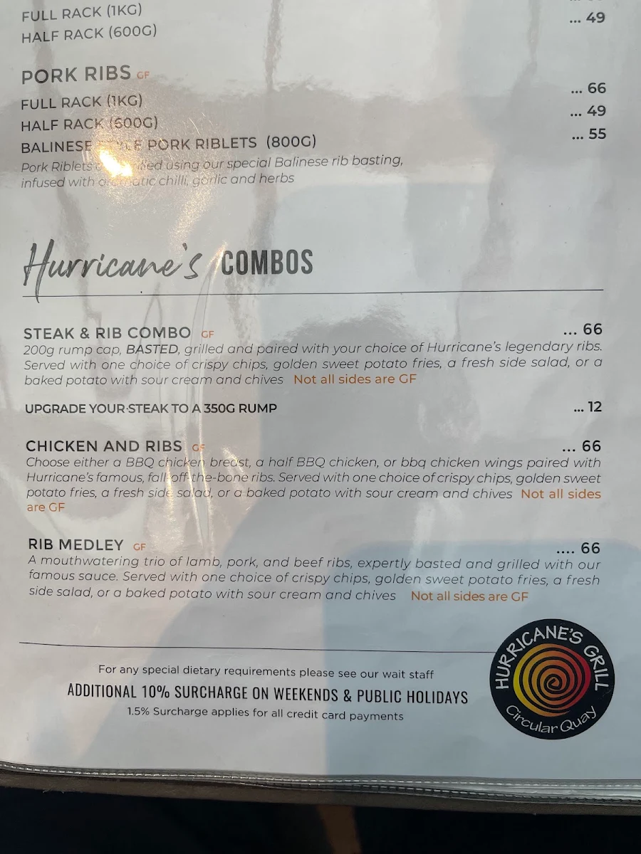 Menu, Hurricane's Grill Circular Quay