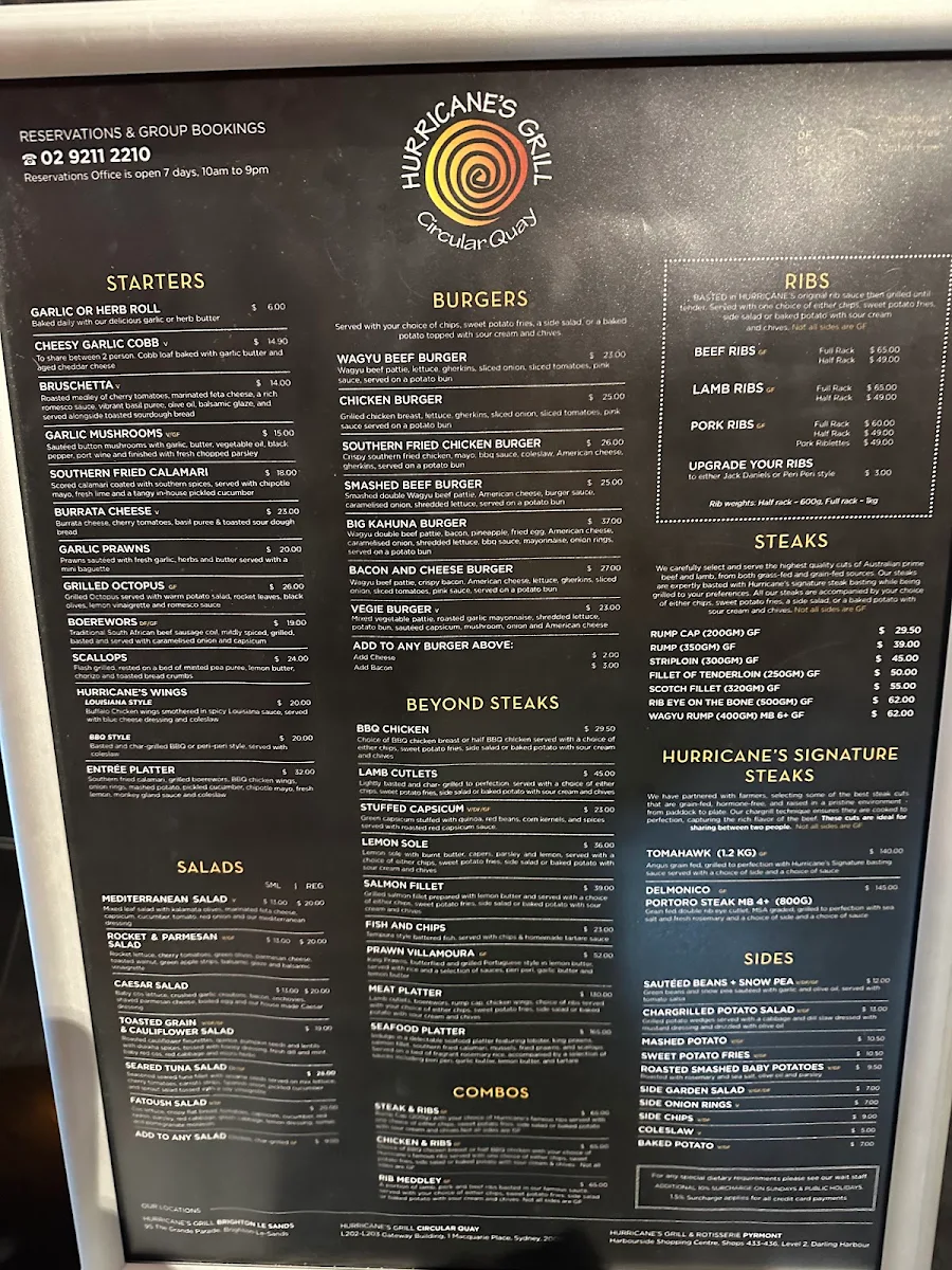 Menu, Hurricane's Grill Circular Quay