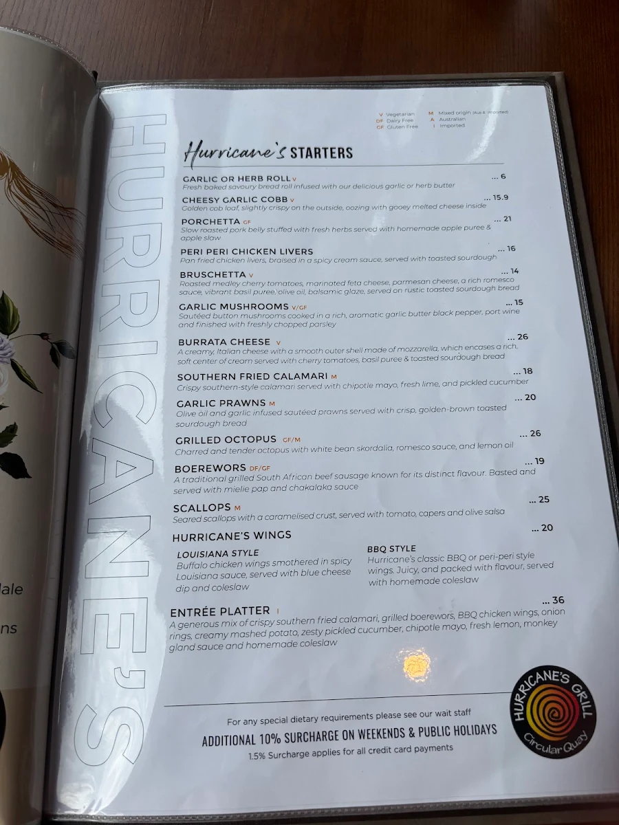 Menu, Hurricane's Grill Circular Quay
