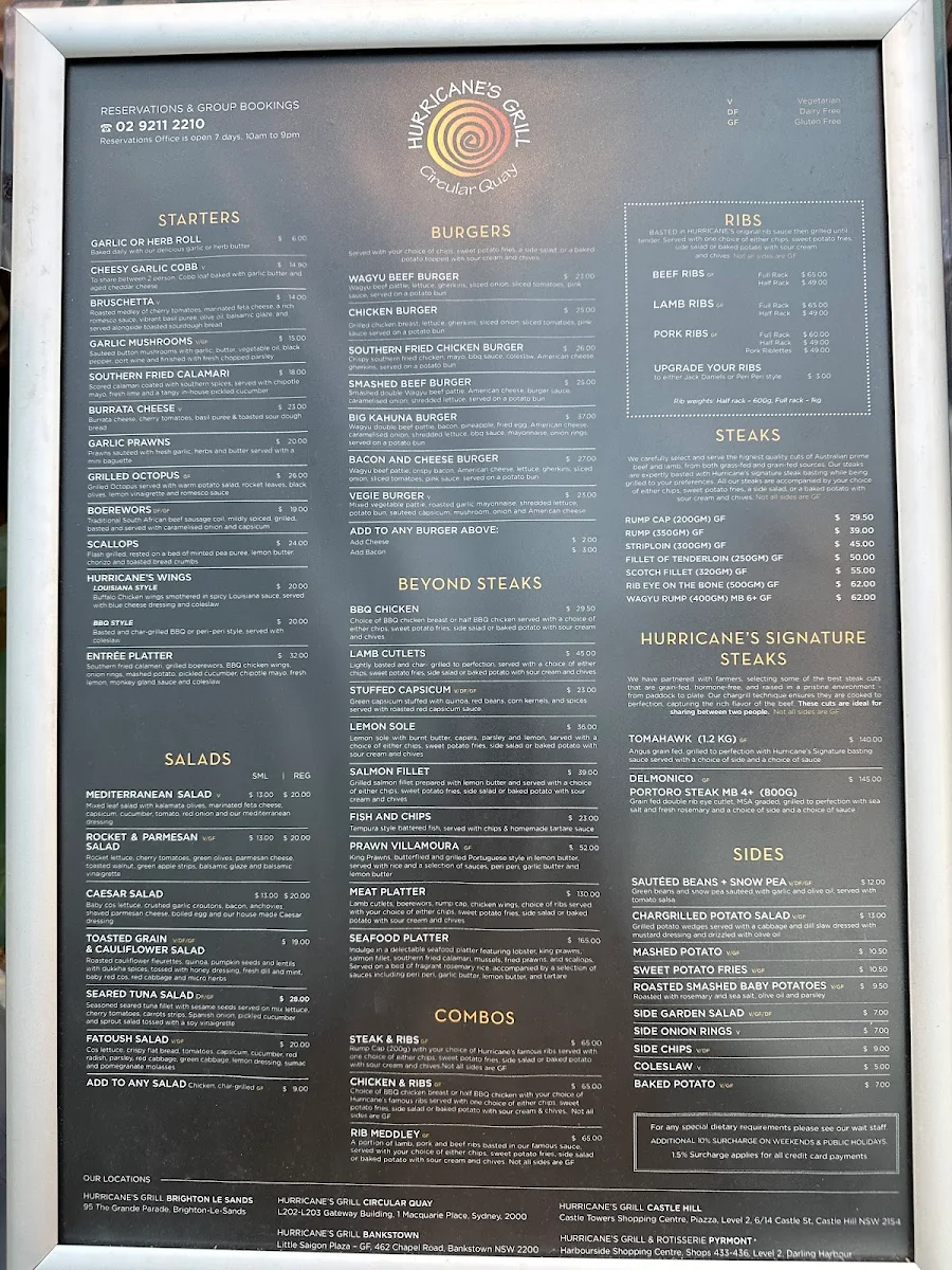Menu, Hurricane's Grill Circular Quay