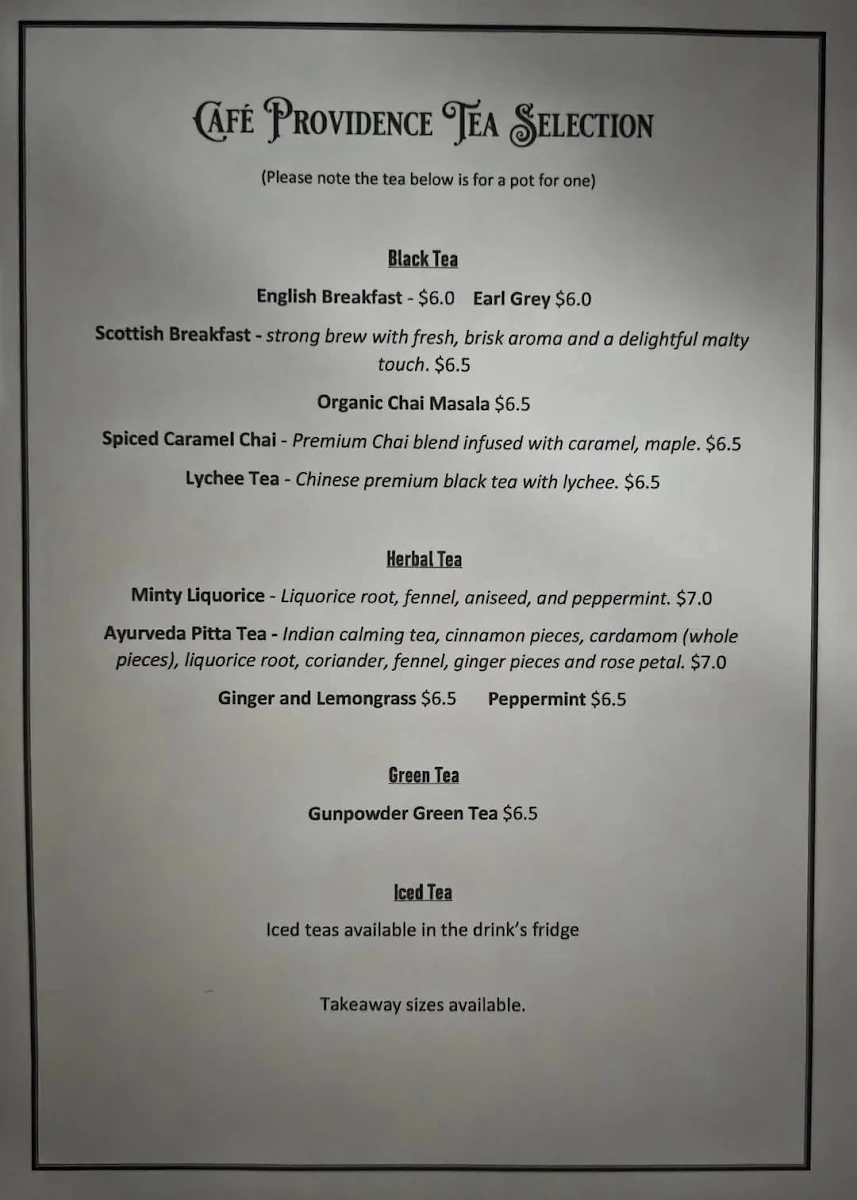 Menu, The Cafe Providence Ripley