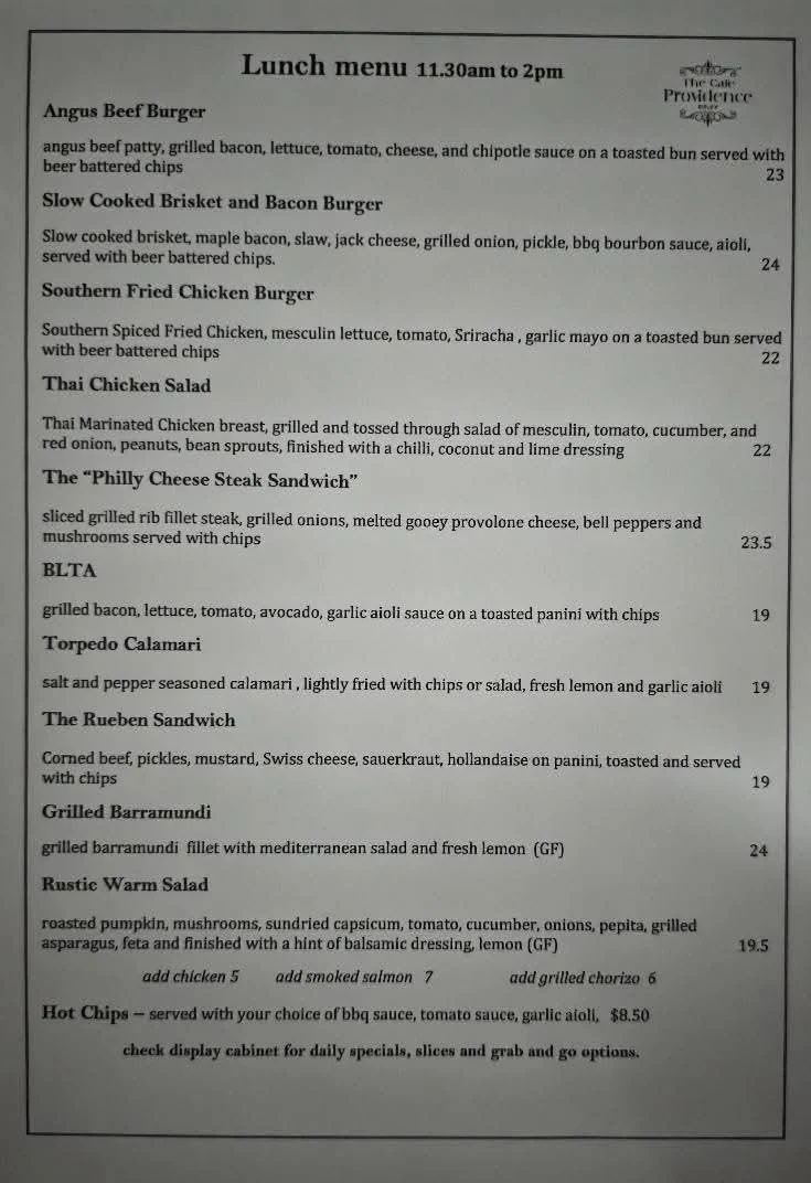 Menu, The Cafe Providence Ripley