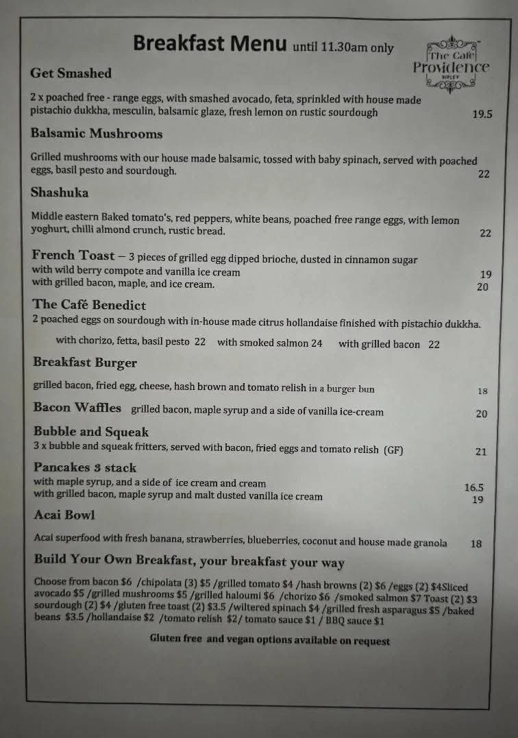 Menu, The Cafe Providence Ripley