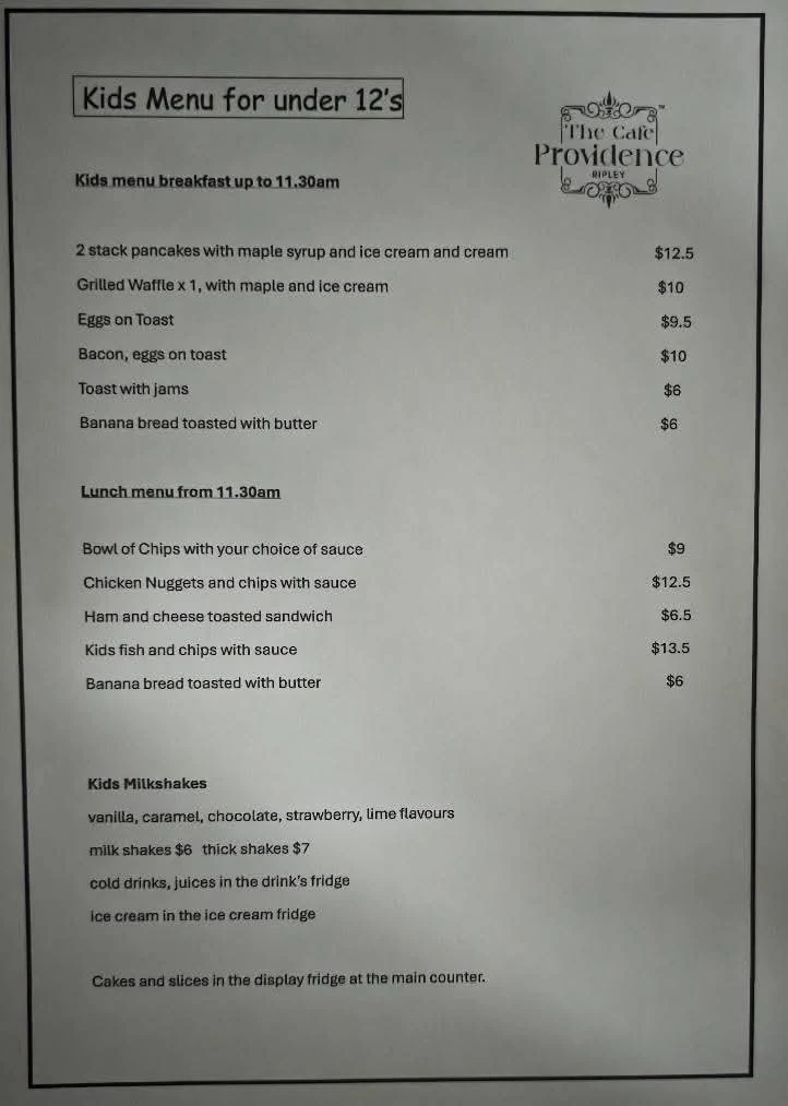 Menu, The Cafe Providence Ripley