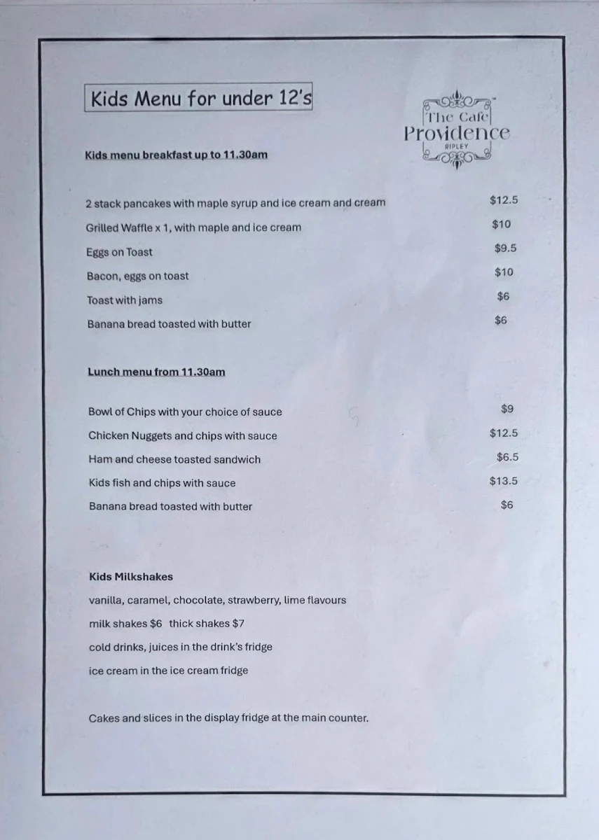 Menu, The Cafe Providence Ripley
