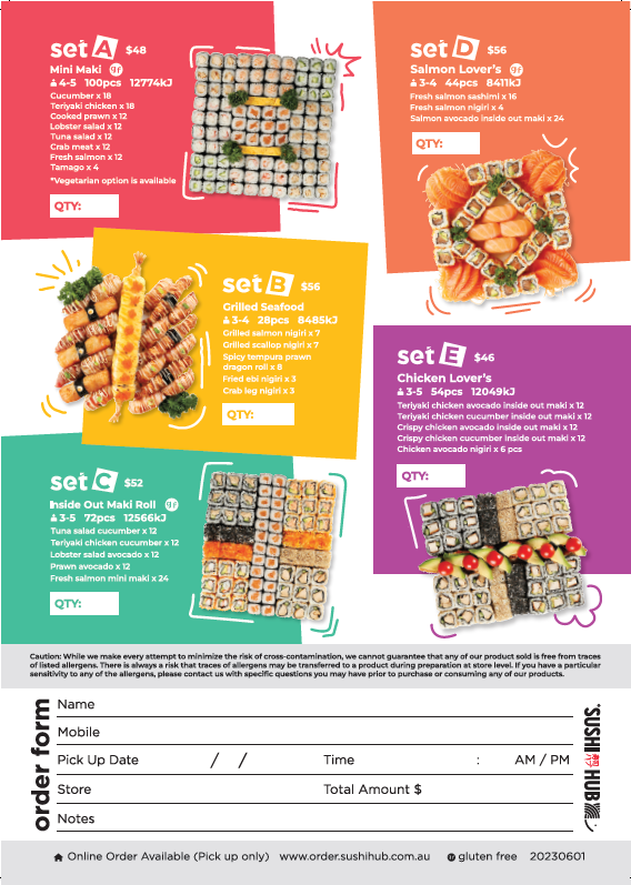 Menu, Sushi Hub Maddington