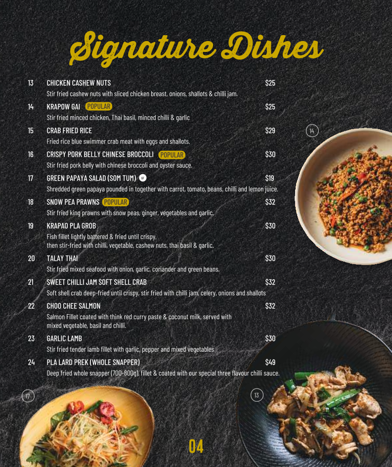 Menu, Pron Prohm Thai Restaurant