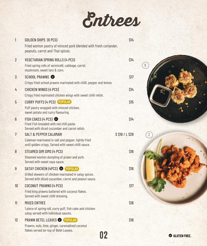 Menu, Pron Prohm Thai Restaurant
