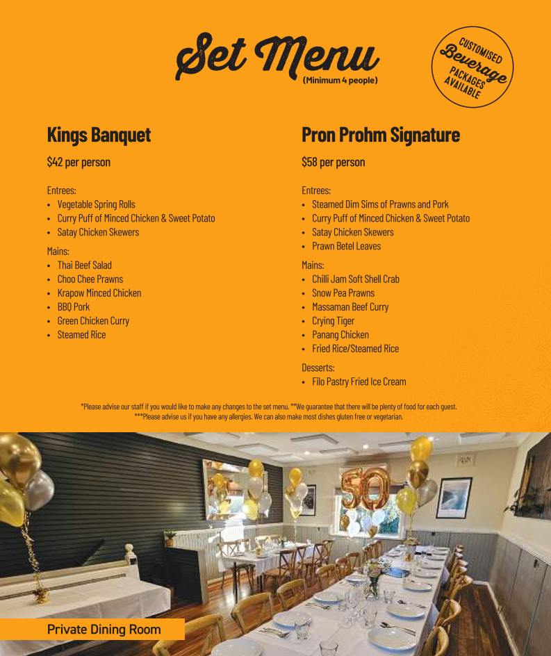 Menu, Pron Prohm Thai Restaurant