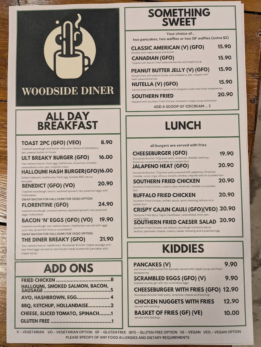 Menu, Woodside Diner