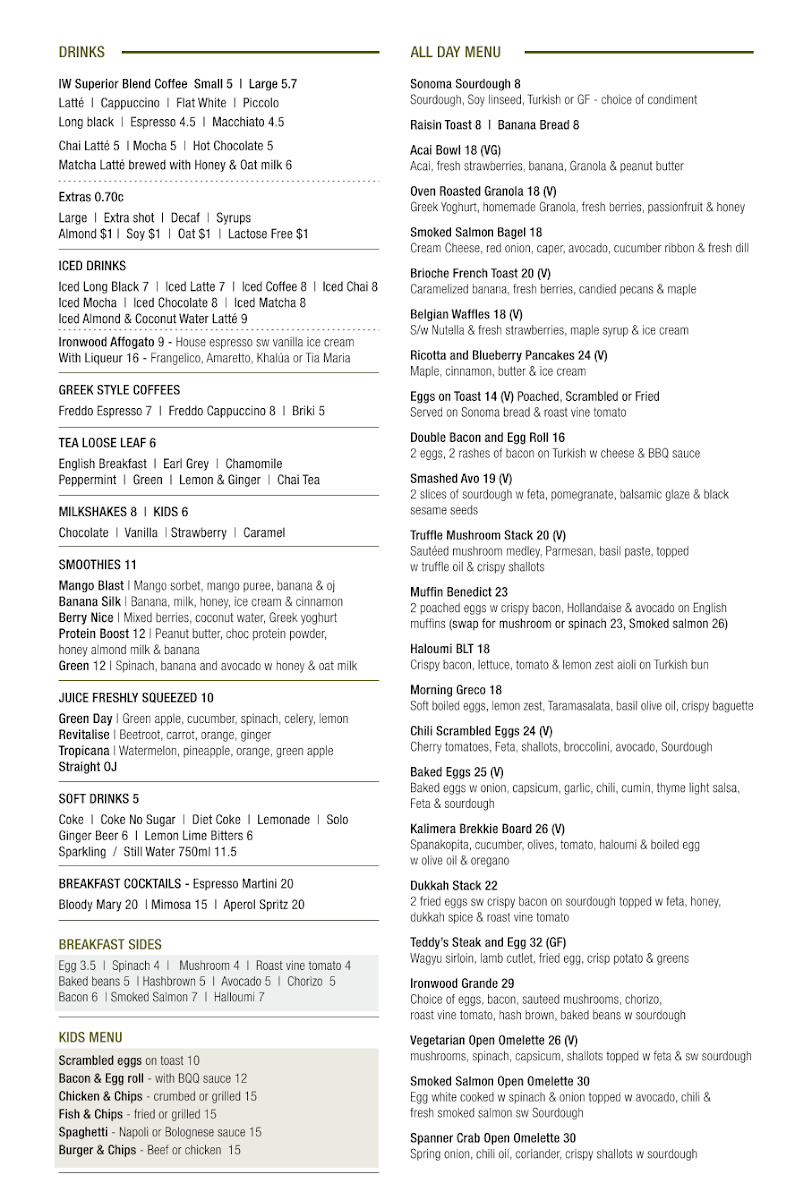 Menu, Ironwood Cafe