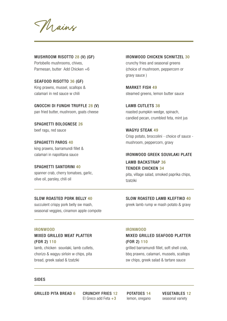 Menu, Ironwood Cafe