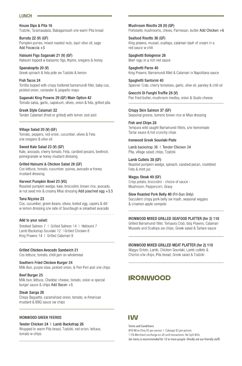 Menu, Ironwood Cafe