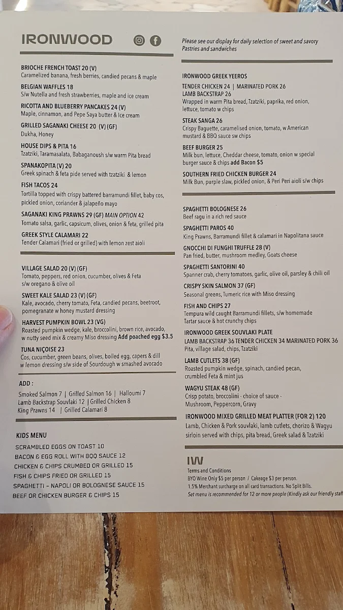 Menu, Ironwood Cafe