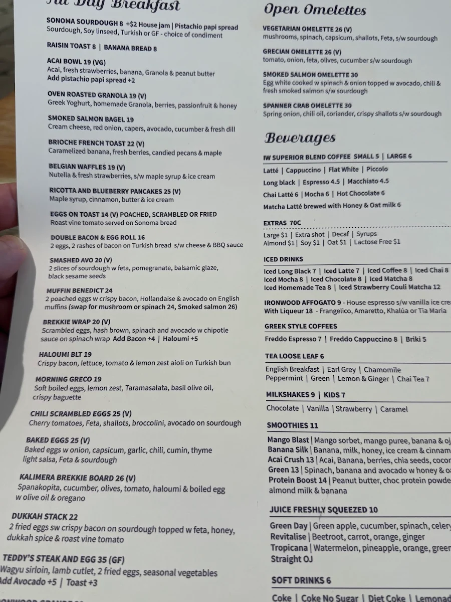 Menu, Ironwood Cafe