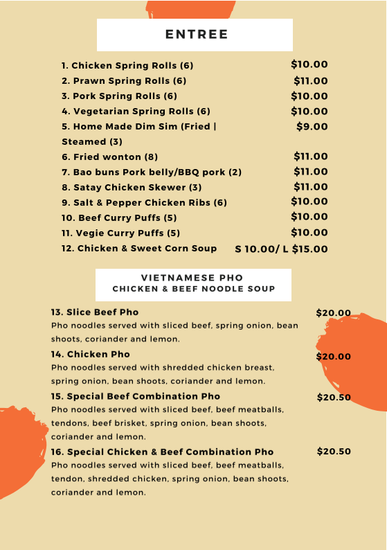 Menu, Chopsys Vietnamese Noodle Bar