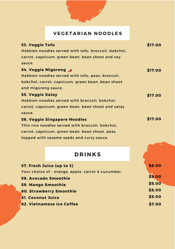 Menu, Chopsys Vietnamese Noodle Bar