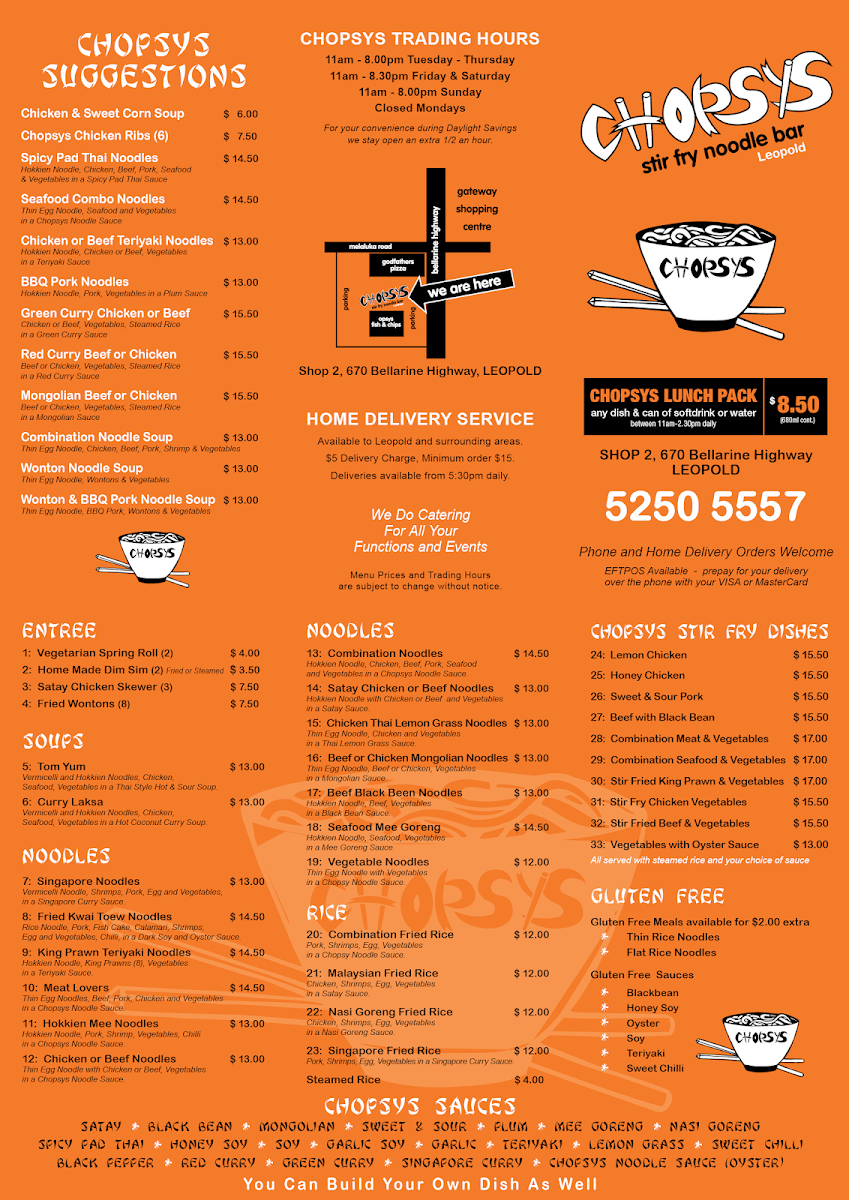 Menu, Chopsys Vietnamese Noodle Bar