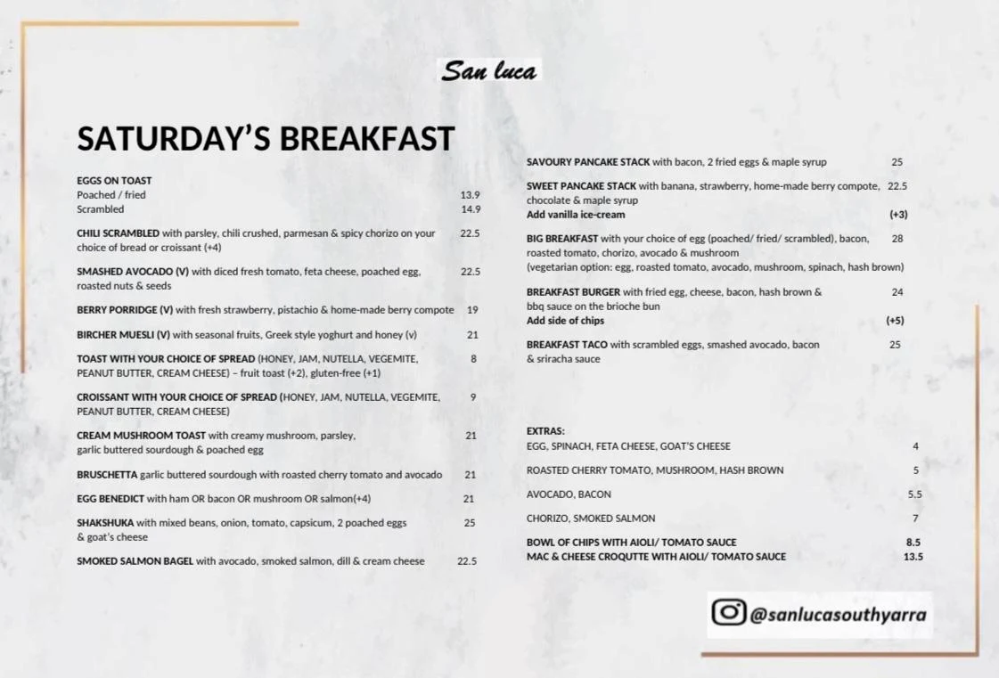 Menu, San Luca Cafe