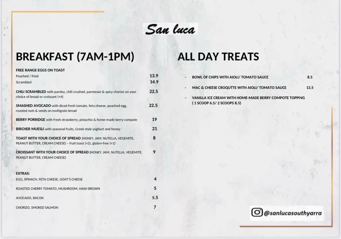 Menu, San Luca Cafe