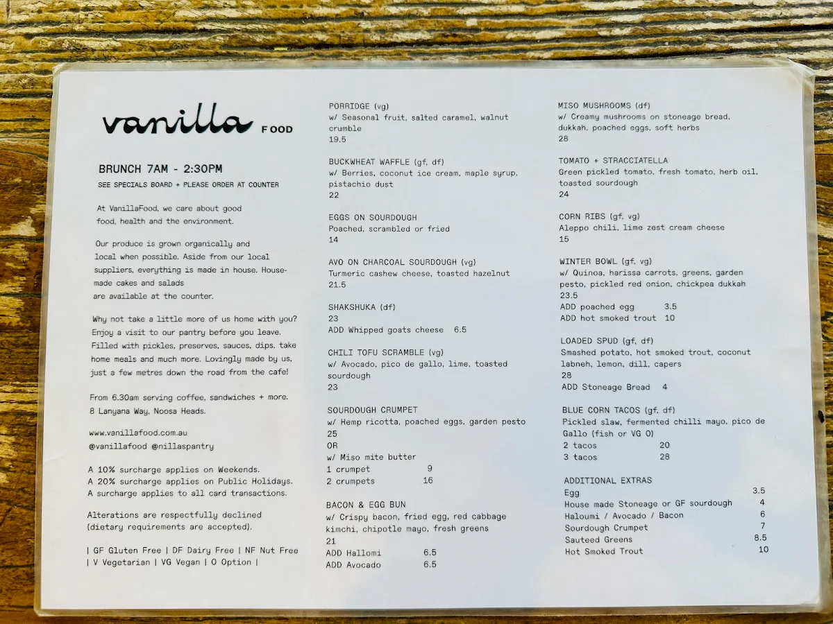 Menu, VanillaFood Organic Cafe