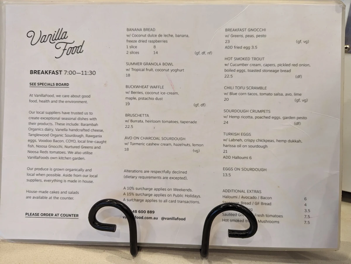 Menu, VanillaFood Organic Cafe