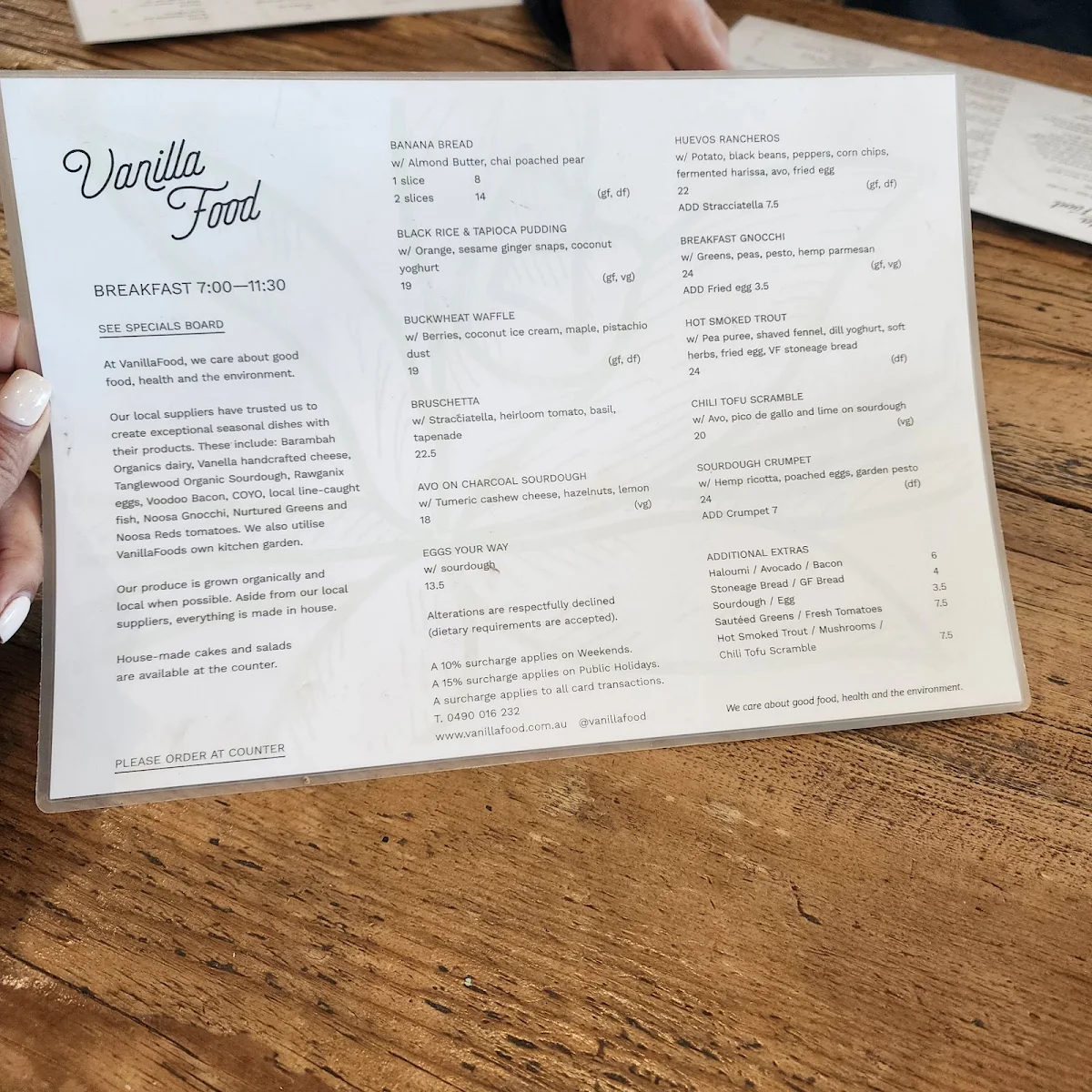 Menu, VanillaFood Organic Cafe
