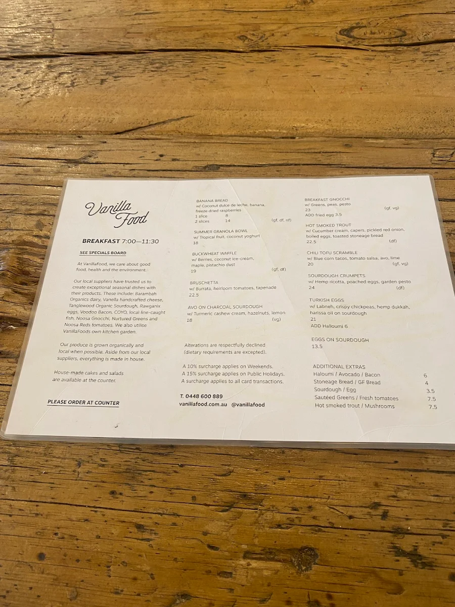 Menu, VanillaFood Organic Cafe