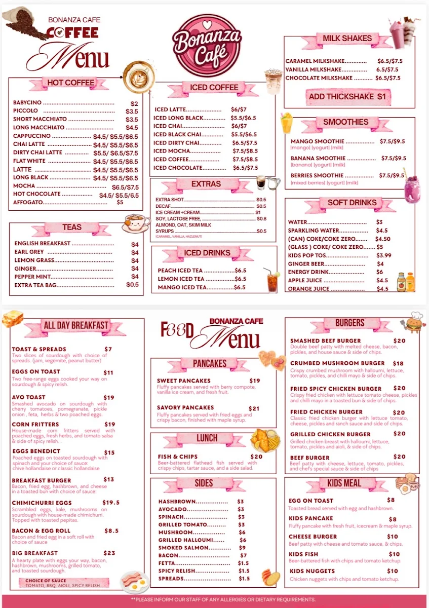 Menu, Bonanza Cafe