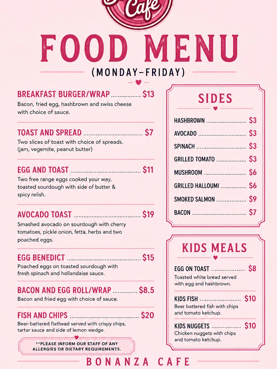 Menu, Bonanza Cafe