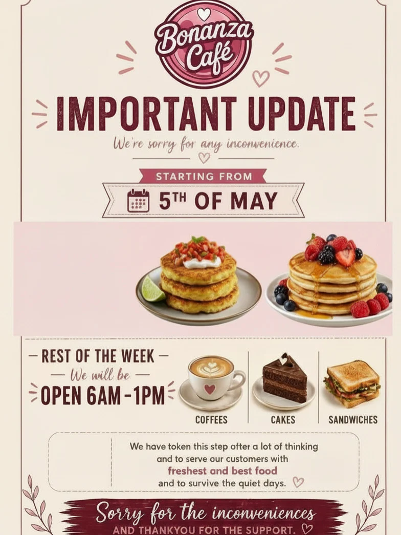 Menu, Bonanza Cafe