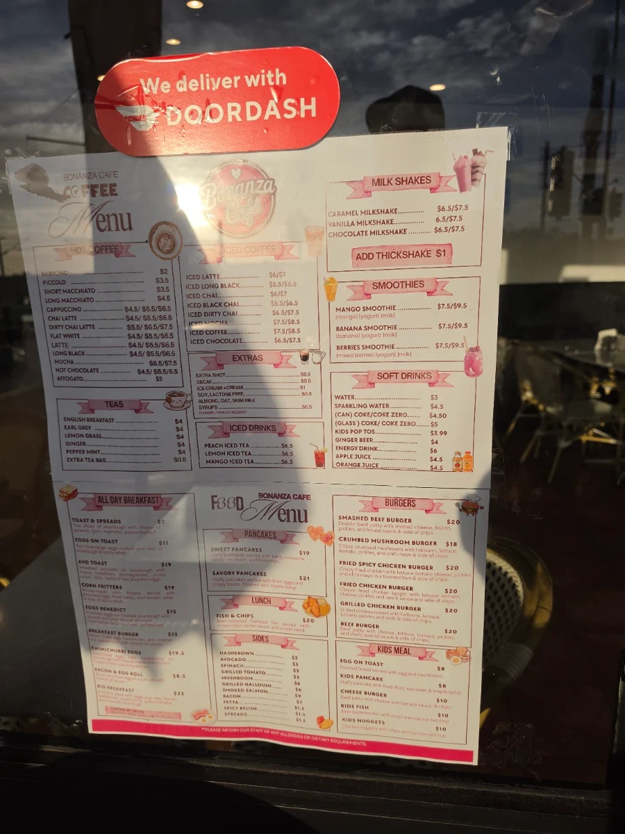 Menu, Bonanza Cafe