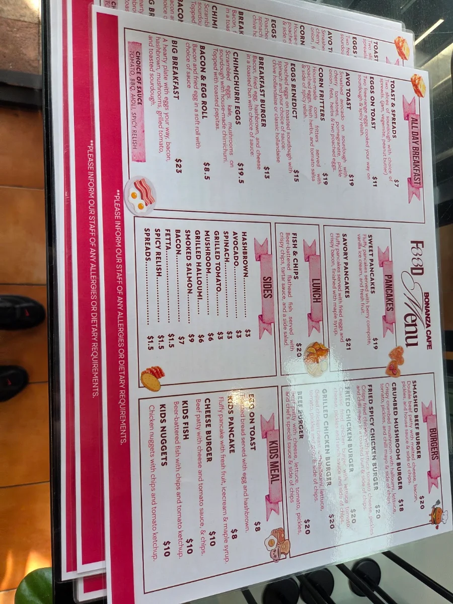 Menu, Bonanza Cafe