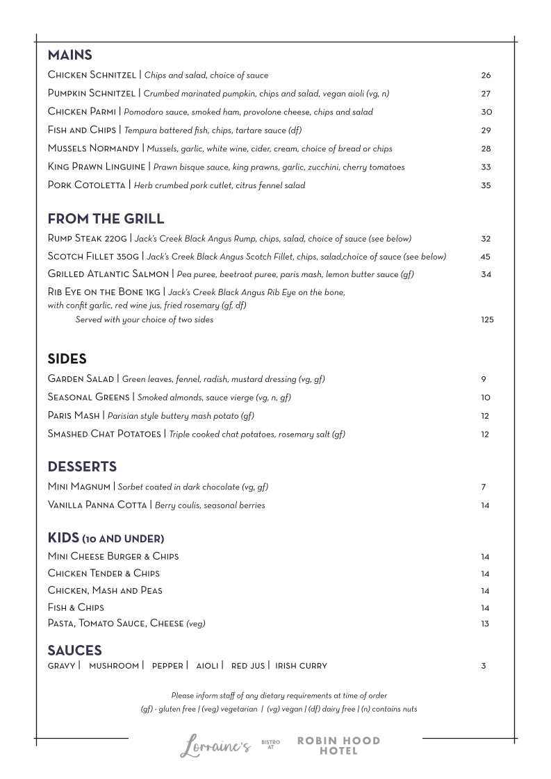 Menu, The Robin Hood Hotel