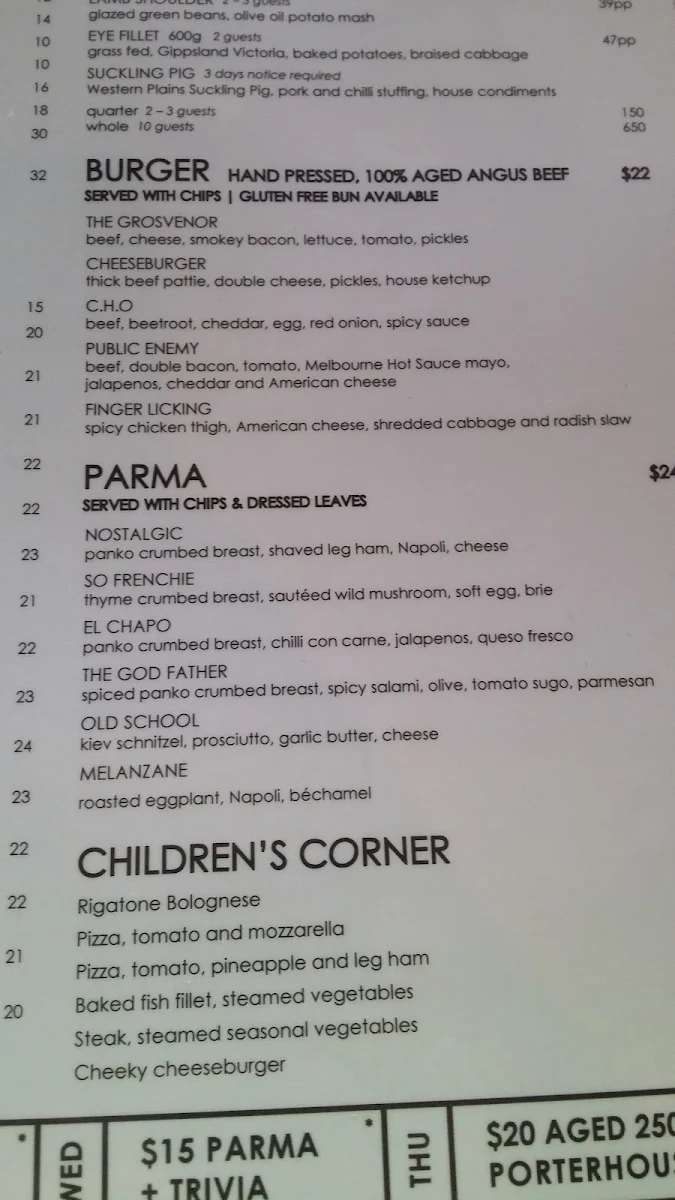 Menu, Grosvenor Hotel