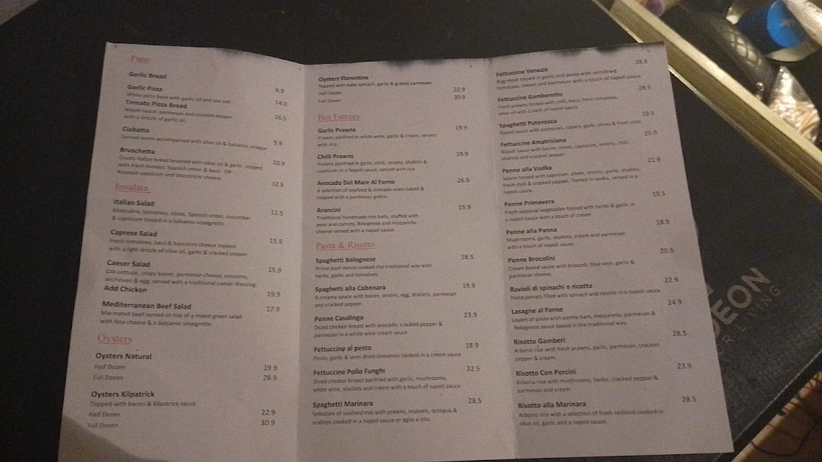 Menu, Pizzeria