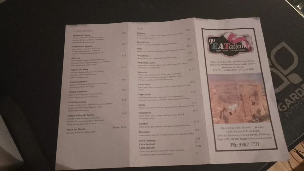 Menu, Pizzeria