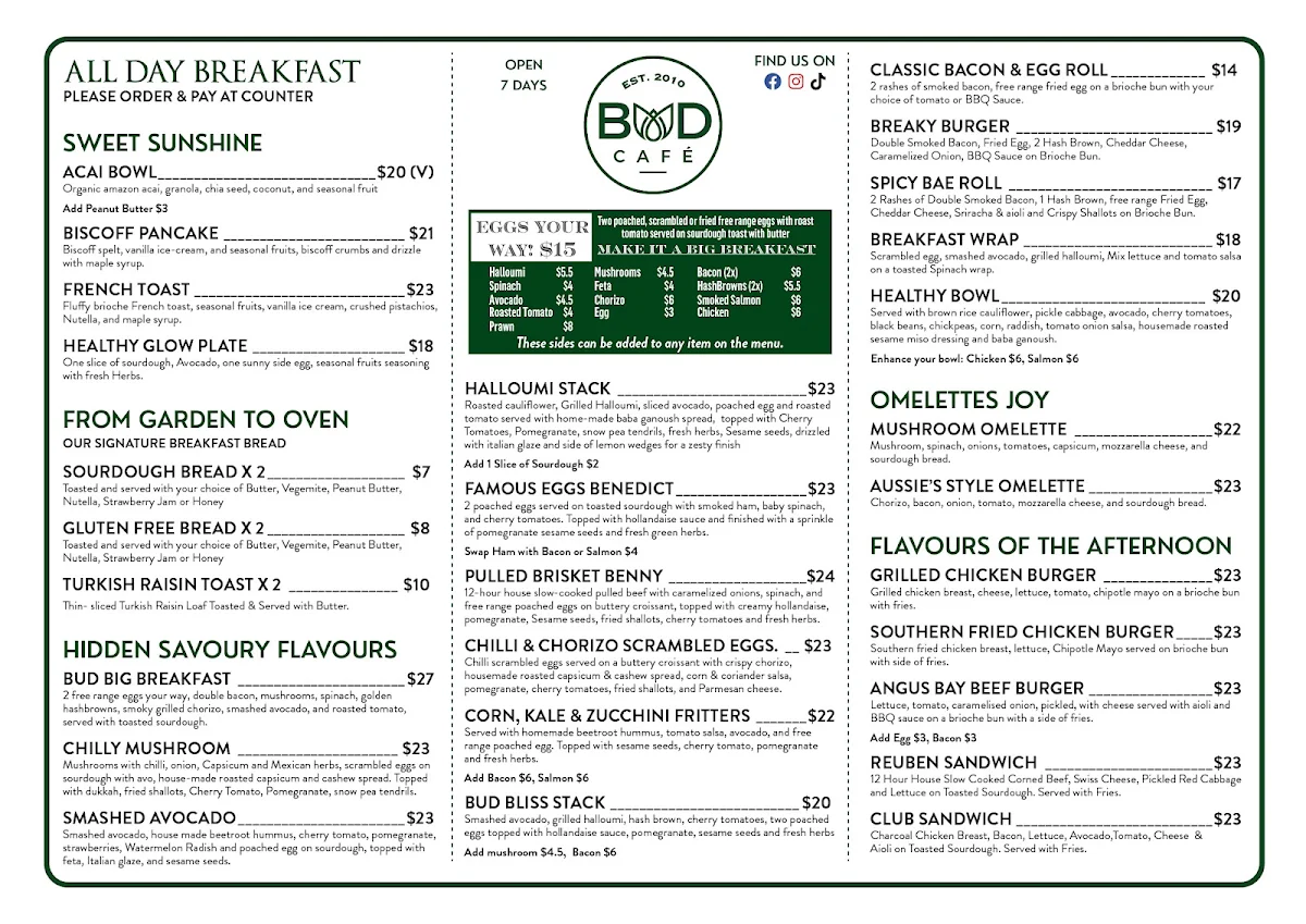Menu, Bud cafe